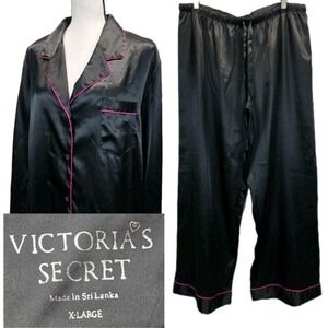 Victorias Secret Black Pink Satin Pajama Set 2 Piece Size XL Goth Coquette 3125